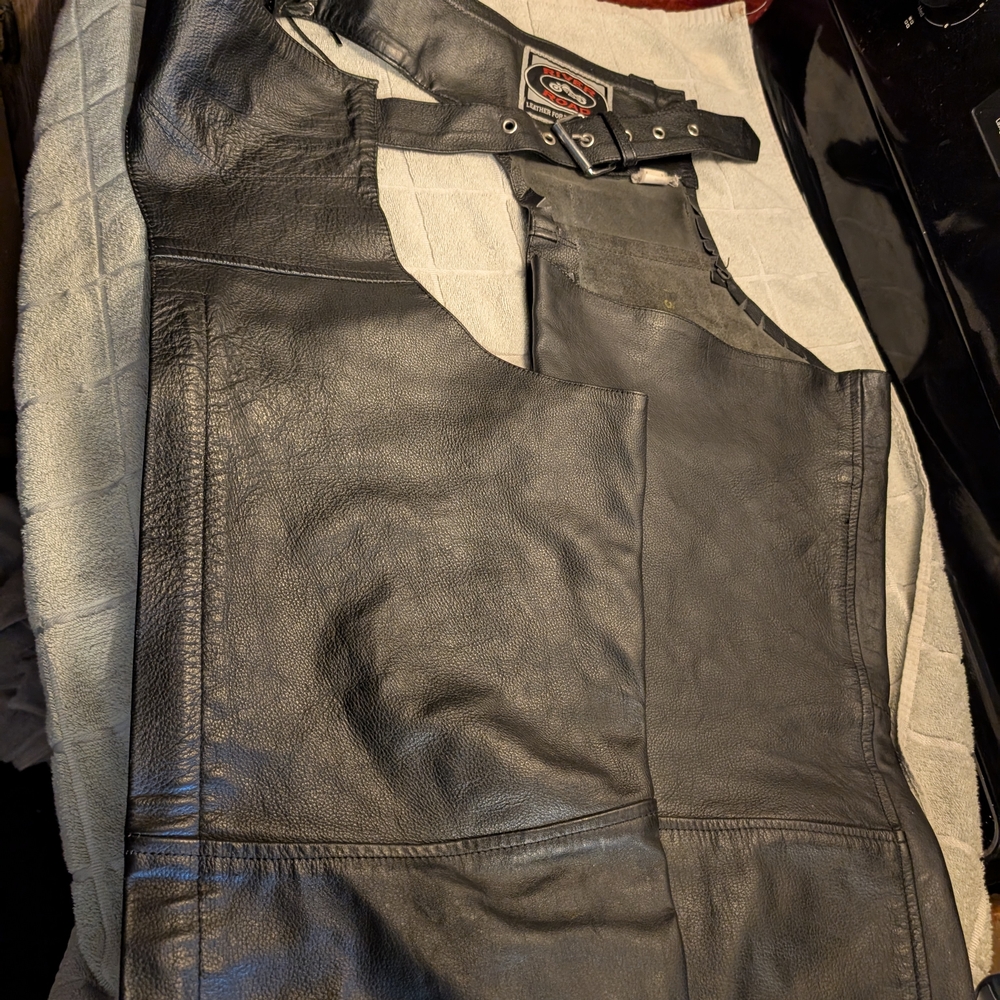 Black Leather Motorcycle Pants/ Chaps.